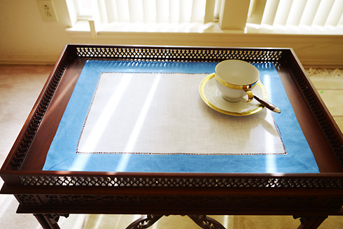 White Hemstitch Placemat 14"x20". French Blue Color Borders.